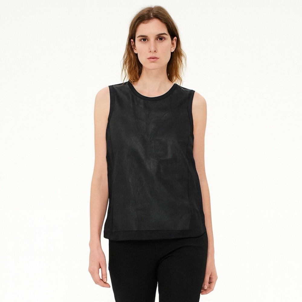 Vince Lamb Leather Silk Panels Navy Sleeveless Crew Neck Top Size 6